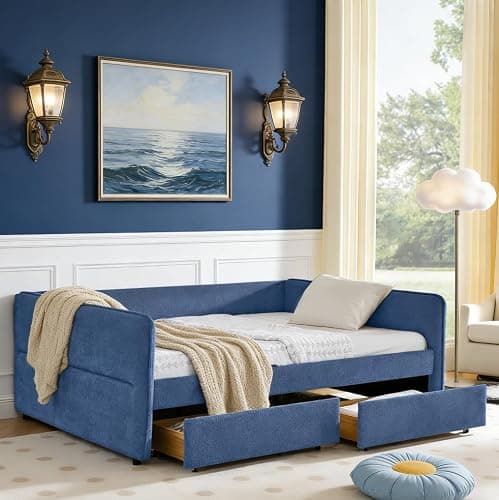 Bellemave Queen daybed with 2 Drawers, Queen Corner Bed, Upholstered Bed Frame with 2 Drawers for Kids,Teens,Adults, Boucle, Blue thumbnail 3