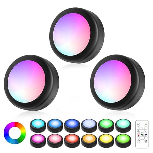Lilampts LED Puck Lights with Remote Control, Wireless Under Cabinet Lighting,Color Changing Lights with Dimmer and Timer, AAA Battery Operated Powered Push Night Lights (3 Pack Black) - Image 1