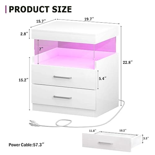 WelFurGeer High Glossy Night Stand, White LED Night Stand with Charger Station, Bedside Table with Drawers, Modern Nightstands, Wood Small Nightstand, Nightstands with Drawers for Bedroom thumbnail 3
