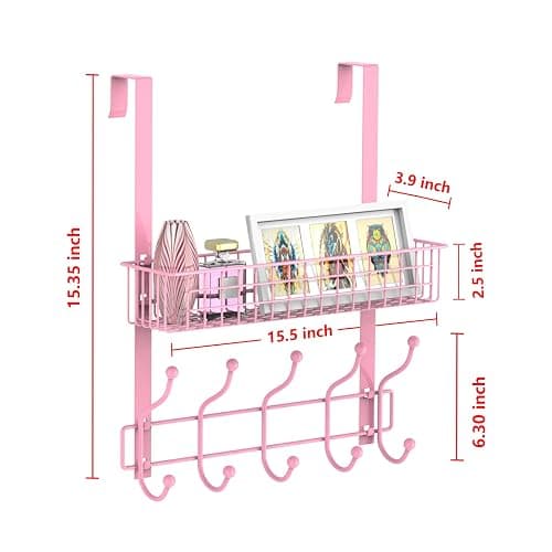 MILIJIA Coat Rack, Over The Door Hanger with Mesh Basket, Detachable Storage Shelf for Towels, Hats, Handbags, Coats (Pink) thumbnail 3