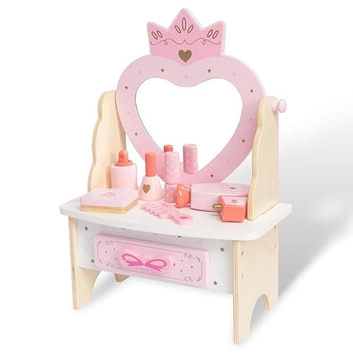 Wooden Vanity Set for Kids, Pretend Play Toddler Makeup Vanity Table Toys with 360° Rotatable Mirror, Beauty Salon Set Includes Makeup Accessories, Little Girls Gift Age 3+ (Pink) - Image 1