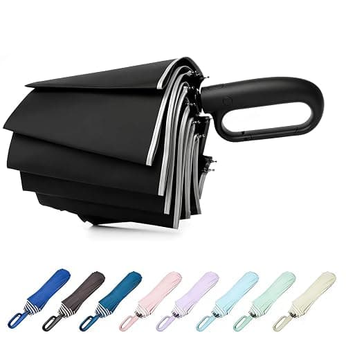MRTLLOA Travel Essentials Ring Handle Umbrella, Windproof for SUN/UV and Rain with Reflective Stripe, Compact Folding Backpack Umbrella for Women Men, 10 Ribs - Image 1