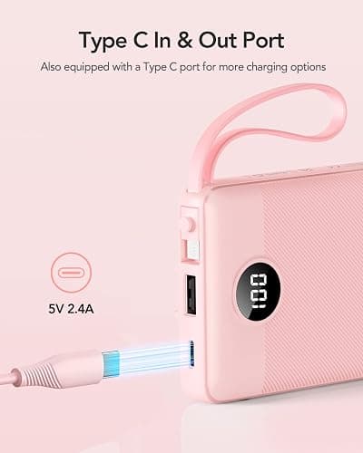 VRURC Portable Charger Power Bank, 10000mAh Travel Essentials Battery Pack, 5 Outputs 2 Inputs Slim Charging Bank Built-in Cables Cords Wires Compatible with iPhone,Samsung,Android-Pink(1 Pack) thumbnail 3