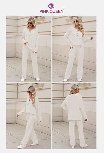 Pink Queen Women's 2 Piece Fall Outfit Lounge Set Long Sleeve Button Pullover Sweater Matching Wide Leg Pants Knit Sweatsuit thumbnail 6
