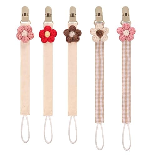 Baby's Breath 5 Pack Pacifier Clips with Adjustable Strap (14.5-18.3 in) - Handmade Boho Style Flower Design, Soft Textile Baby Holder Set for Girls, Neutral Colors for Any Outfit thumbnail 4