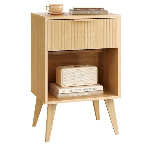 Fluted Night Stand with Opening Storage,Mid Century Bedside Table with Drawer,Wood Nightstand with Solid Wood Legs,End Table Side Table for Living Room,Bedroom,Natural CAACTG56Y - Image 1