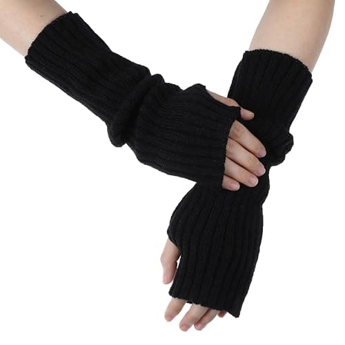 APLZGMG Black Y2K Arm Warmers, Black Long Fingerless Knitted Gloves with Thumb Hole, Harajuku Kawaii Punk Gothic Arm Sleeves for Women & Men, Grunge Accessories for Band Party Halloween Christmas - Image 1