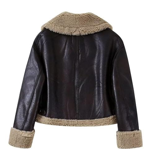 Glkaend Women Faux Leather Jacket Faux Fur Lining Warm Sherpa Cropped Short Trucker Coat thumbnail 3