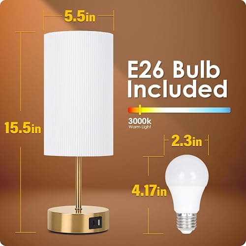 Bedside Lamp with USB port - Touch Control Table Lamp for Bedroom Wood 3 Way Dimmable Nightstand Lamp with Round Pleated Shade for Living Room, Dorm, Home Office (LED Bulb Included) (Pleated) thumbnail 5