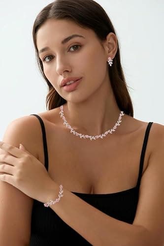 Enrwin Austrian Crystal Rhinestone Choker Necklace Dangle Earring Link Bracelet Jewelry Set for Brides Bridesmaid Prom Costume Accessories for Women thumbnail 2