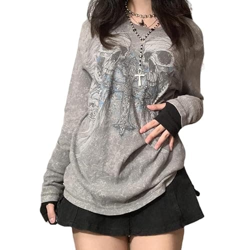 Women Vintage Fairy Grunge Y2K Long Sleeve Shirt Skull Graphic Printed Gothic Tee Tops Aesthetic Harajuku Tops - Image 1