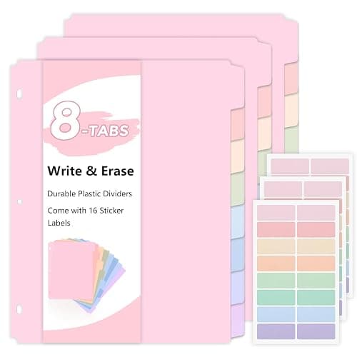 SKYDUE Durable Plastic 8-Tab Dividers, 3sets, Big Tab Dividers for 3 Ring Binder, Write&Erase 3 Ring Binder Dividers with Tabs,with Sticker Labels, Pink - Image 1