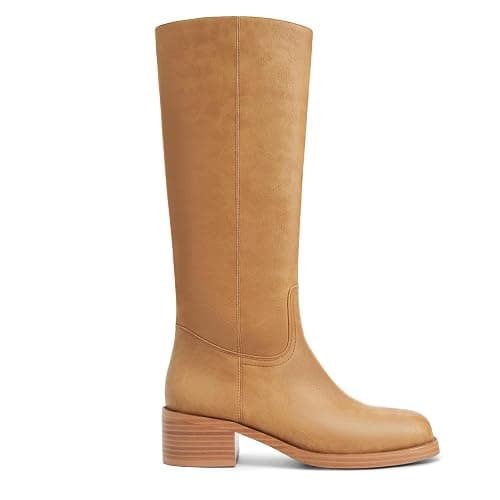 Gothictor Women's Banana Knee High Boots Square Toe Chunky Block Heel Comfortable Low Heel Pull on Wide Calf Riding Long Boots for Women - Image 1