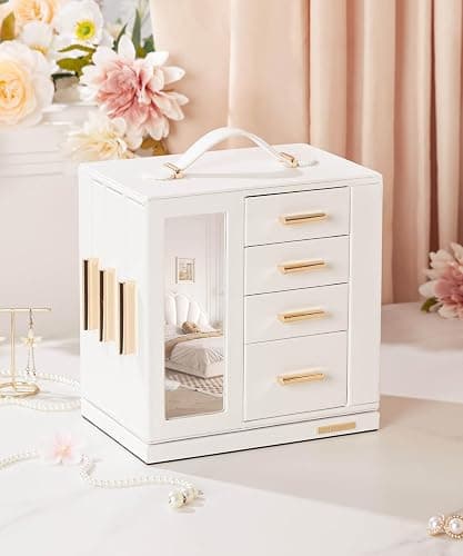 Homde Christmas Gifts Jewelry Box 360° Rotating, Necklace Earring Organizer with Transparent Window, Mirror, 7 Drawers, Large Ring Display Storage Case for Girls Women (White) thumbnail 8