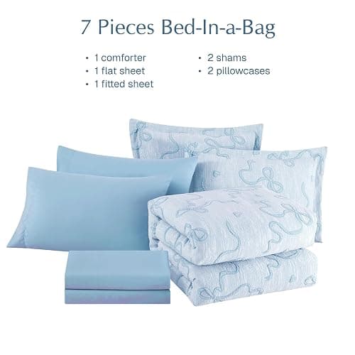 Full Size Comforter Sets for Girls - 7 Pieces Bow Bedding Set Bed in a Bag | Jacquard Cottage Core Bedding Sets, All Season Bed Set with Comforter, Sheets, Pillowcases & Shams, Light Blue thumbnail 6