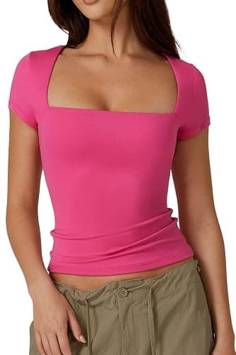 QINSEN Women's Square Neck Short Sleeve T Shirts Double Lined Basic Tee Slim Fit Tops - Image 1