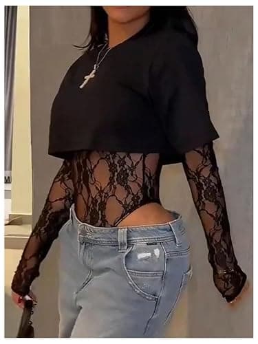 Milumia Women's Lace Bodysuit Long Sleeve Sheer Bodysuit Night Out Streetwear Outfits thumbnail 2