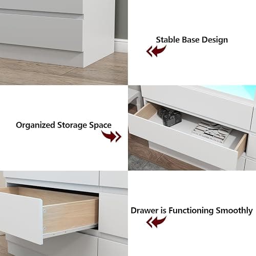 Gyfimoie 6 Drawer Double Dresser with Power Outlet, Accent Chests of Drawers with LED Light, Modern White Storage Dresser with Charging Station (Mirror Not Included) thumbnail 9