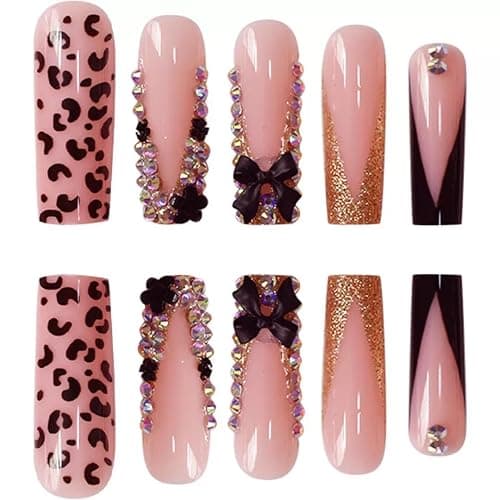 Long Press on Nails Square French Tip Fake Nails with Black 3D Bow Rhinestone Design Glue on Nails Leopard Print False Nails Glossy Acrylic Full Cover Stick on Nails Artificial Nails for Women 24 Pcs thumbnail 4