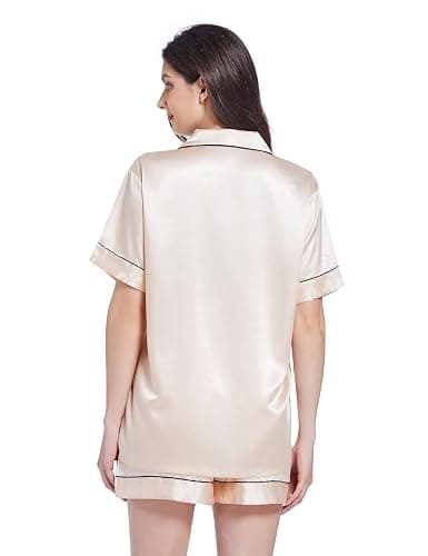 Gemschest Women Silk Satin Pyjamas Set: Ladies Pajamas Bottoms Short Sleeve 2 Piece Pjs Soft Button-down Woman Nightwear thumbnail 3