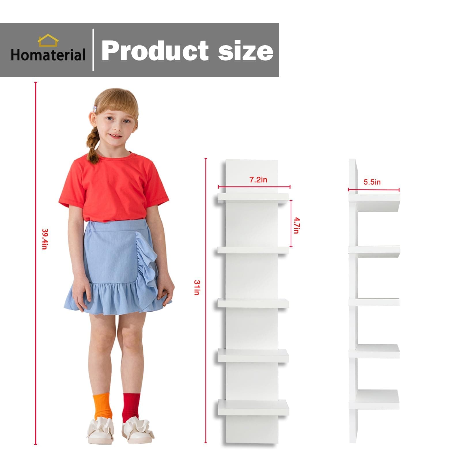 Vertical Column Wall Mount Floating Wood Spine Shelf Unit 5 Tier Slim Living Room Bedroom Organizer Small Stack Tall Narrow Thin Home Decor Display Modern Utility Makeup Vanity Bathroom Storage White thumbnail 2