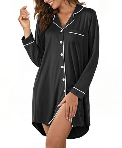 Hagmeu Nightgowns for Women Button Down Sleep Shirts Short Sleeve Nightshirt Boyfriend Nightdress V Neck Pajama Dress S-XXL - Image 1