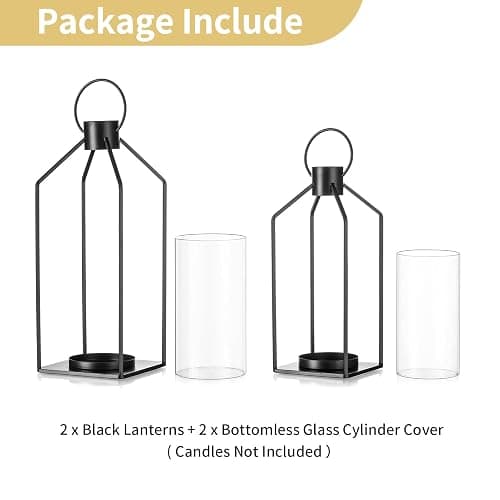 Nuptio Decorative Lantern Candle Holder: 2 Pcs Glass Hurricane Pillar Candles Holders Rustic Black Metal Hanging Lanterns Decor for Outdoor Wedding Farmhouse Home Fireplace Christmas Halloween thumbnail 7
