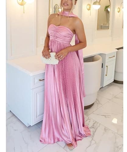 Women Bridesmaid Dress with Scarf Strapless Pleated Satin Flowy Formal Evening Gown Maxi Dresses thumbnail 2
