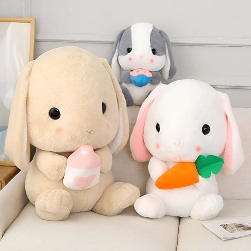 HOUPU Soft Toy - Sitting Lop Eared Rabbit, Easter White Rabbit Stuffed Bunny Animal with Carrot Soft Lovely Realistic Long-Eared Standing Pink Plush Toys (Pink-Strawberry,8.6in/22cm) thumbnail 9