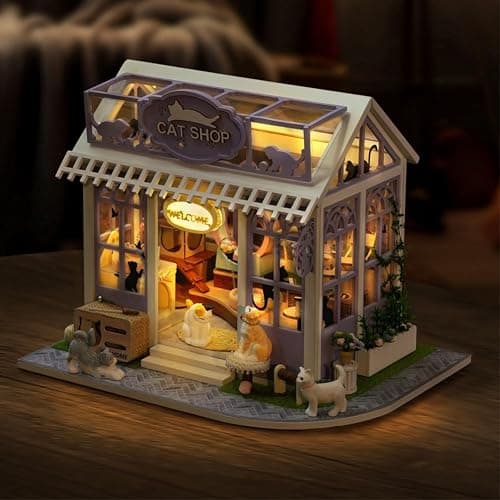 DIY Puppenhaus Miniatur Kit, Mini Cat Pet Shop Puzzle Modell 1:24 Kätzchen Puppenhaus Möbel Zubehör und LED Lichter Kinder Teen und Erwachsene bauen Geschenk (Cat Store) thumbnail 6