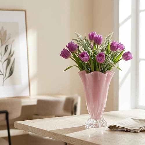 Ruffled Vase Display with Wavy Rim, Hand Blown Glass Vase for Flowers, Blown Glass Decor Centerpiece with Ribbed Panels for Tabletop Shelf Mantel Home Decor (Pink) thumbnail 4