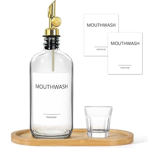 TOLDATLI Mouthwash Dispenser for Bathroom, Glass Mouthwash Dispenser with Cup, Mouth Wash Container Bottle with Cup, Refillable Mouthwash Decanter, Clear, 1 Pack, 17oz, with Wooden Tray - Image 1