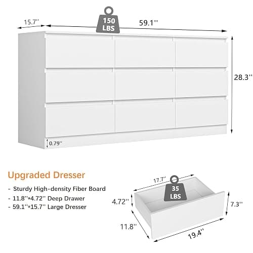 VERYKE White 9 Drawer Dresser for Bedroom,Chest of Drawers with No-Handle Design for Closet,Modern Wood Dresser Bedroom Storage Furniture thumbnail 3
