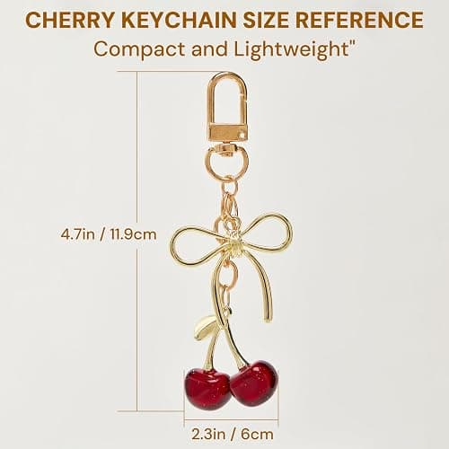 YDF Cherry Keychain Cute Bag Charm Women Leather Keyring Car Keys Gift Mother's Day Birthday Valentine's Purse Accessory - Red thumbnail 3