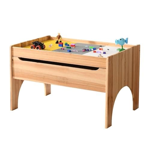 BIRASIL Wooden Kids Activity Table with Storage, Multi-Purpose Sensory Table for Children, Play Table Compatible with Building Block Board for Preschool Toddler Boy & Girl (Classic-with Drawer) - Image 1