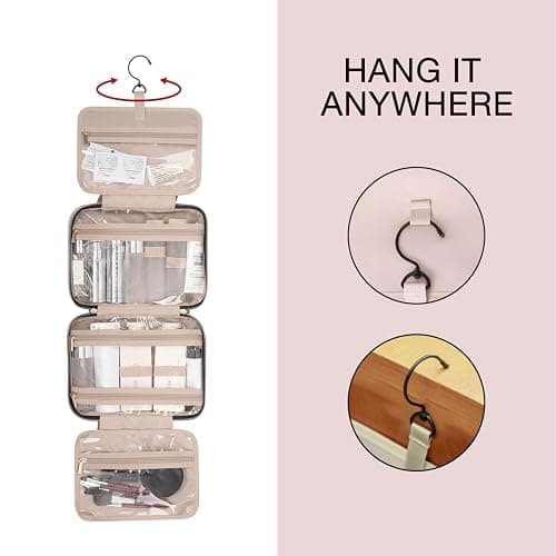 BAGSMART Toiletry Bag Travel Bag with Hanging Hook, Water-resistant Makeup Cosmetic Bag Travel Organizer for Accessories, Shampoo, Full-size Container, Toiletries (Baby Pink, Medium) thumbnail 3