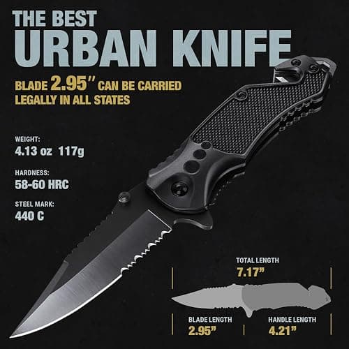 GOOD WORKER Legal Pocket Knife with 2.95” Serrated Blade, Glass Breaker, Seat Belt Cutter - EDC Sharp Folding Knives with Portable Clip - Small Tool for Tactical Camping Survival Hiking - Gifts for Men, Women thumbnail 3