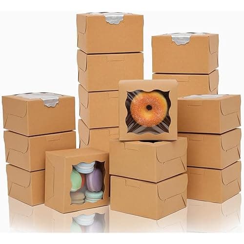 Bakepacker Kraft Bakery Boxes with Window - 4x4x2.5 inches Small Size Pastry & Mini Cookie Boxes for Bakeries - Thick & Sturdy (100 Packs) - Image 1