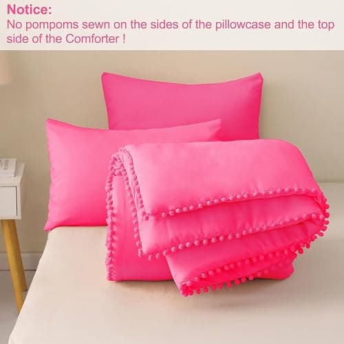 Exclusivo Mezcla Boho Pom Pom Ball Fringe Queen Comforter Set, 3 Piece Hot Pink Lightweight Down Alternative Bedding Comforter Sets for All Seasons - Hot Pink - Queen (90"x90") thumbnail 6