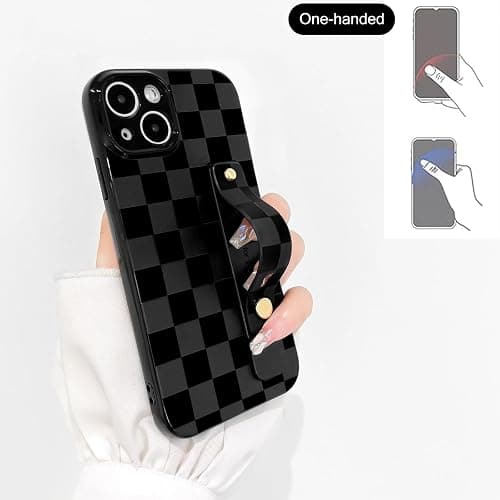 NITITOP Compatible with iPhone 15 Case with Wrist Strap Kickstand Cute Trendy Checkerboard Plaid for Women Girls Slim Fit TPU Silicone Shockproof Full Camera Protective Cover - Black thumbnail 7