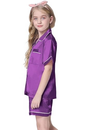 Girls & Womens Satin Pajamas Set, Silk Button-Down Sleepwear 2 Piece Nightwear, 3 Years - Women XXL thumbnail 3