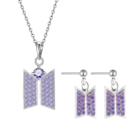 Kanfyyl BTS Necklace Earrings Set, Necklace and Earrings in Silver with Purple Sparkling Stones, Kpop Merch Jewellery for BTS Fans - Image 1