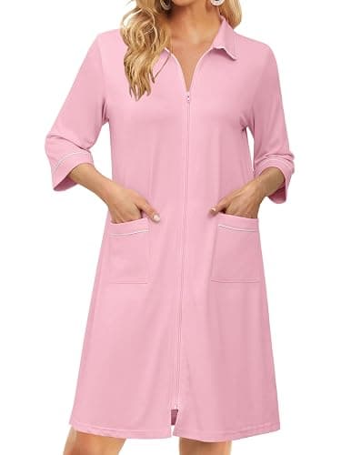 Ekouaer Zipper Robes for Women 3/4 Sleeve Housecoats with Pockets | House coats for women, Soft Lightweight Bathrobe, Turn Down Neck, Contrast Piping, Home, Daily Wear, Travel - Image 1