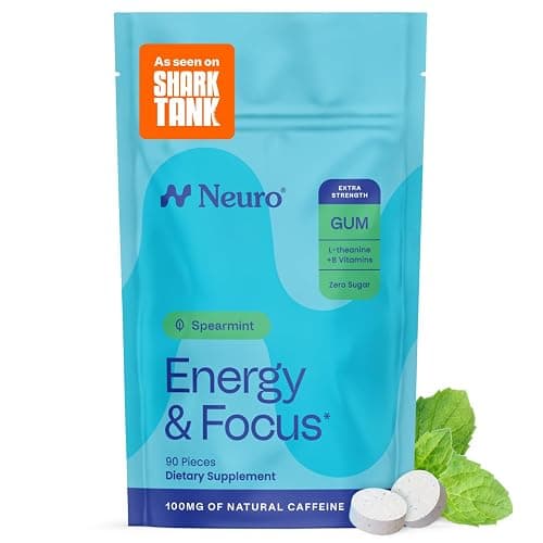 Neuro Energy & Focus Gum, Extra Strength - 100mg Natural Caffeine Gum & Nootropic Energy Supplement with L-Theanine & B Vitamins - Sugar Free, Vegan - Spearmint, 90ct - Image 1