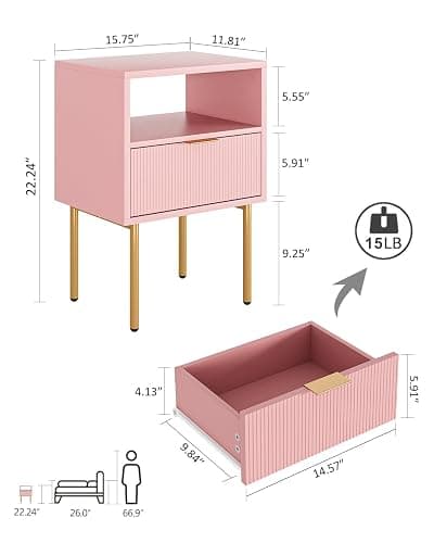 Masupu Night Stand,Mid-Century Modern Bedside Table with Storage Drawer and Open Wood Shelf,Small Gold Frame Side Table for Bedroom,Living Room, Pink thumbnail 2