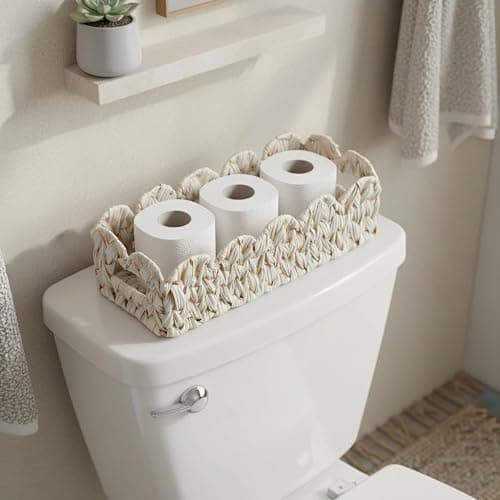 Coeusy Scalloped Toilet Paper Storage Basket,Boho Small Bathroom Basket,Wicker Decor Baskets for Bathroom,Bedroom,Living Room,Coastal Bathroom Decor Accessories thumbnail 2