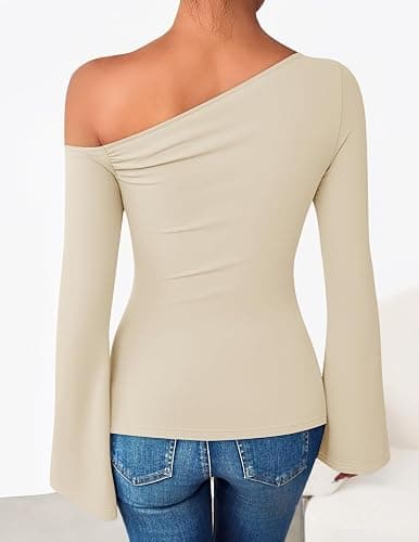 ZESICA Women's Off Shoulder Bell Long Sleeve Going Out Tops | Fitted T-Shirt, Asymmetrical Top, Ruched, 2026 Fall Fashion, Trendy Tops, Date Night, Y2K Outfits, Business Casual, Clothes thumbnail 5