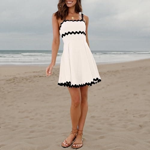 Senllen Womens Summer Flowy Mini Dress 2026 Casual Spaghetti Straps Sleeveless Smocked Backless Swing Wave Trim Sundress thumbnail 6