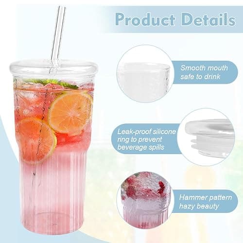 REFORUNG 550ML Trinkbecher mit Deckel und Strohhalm Glas Bubble Tea Becher Glasbecher Trinkglas mit Deckel Smoothie Becher aus Glas To Go Becher Kaffeebecher mit Trinkhalm für Saft Kaffee Wasser Tee thumbnail 4