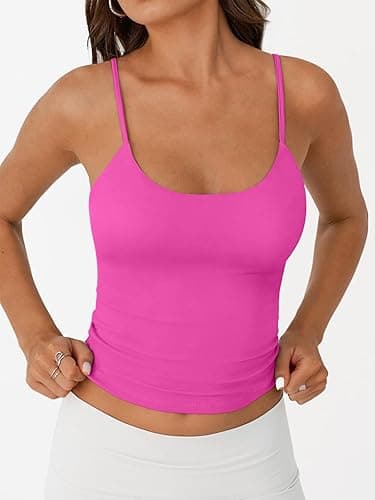 Trendy Queen Womens Spaghetti Strap Tank Top Summer Double Lined Workout Camisole Going Out Cute Tops Y2k Teen Girl Basic - Hotpink - Small thumbnail 2